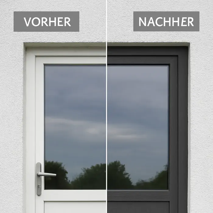 Kunststofffenster vorher und nachher: mit Reparaturfolie in Anthrazitgrau RAL 7016 foliert